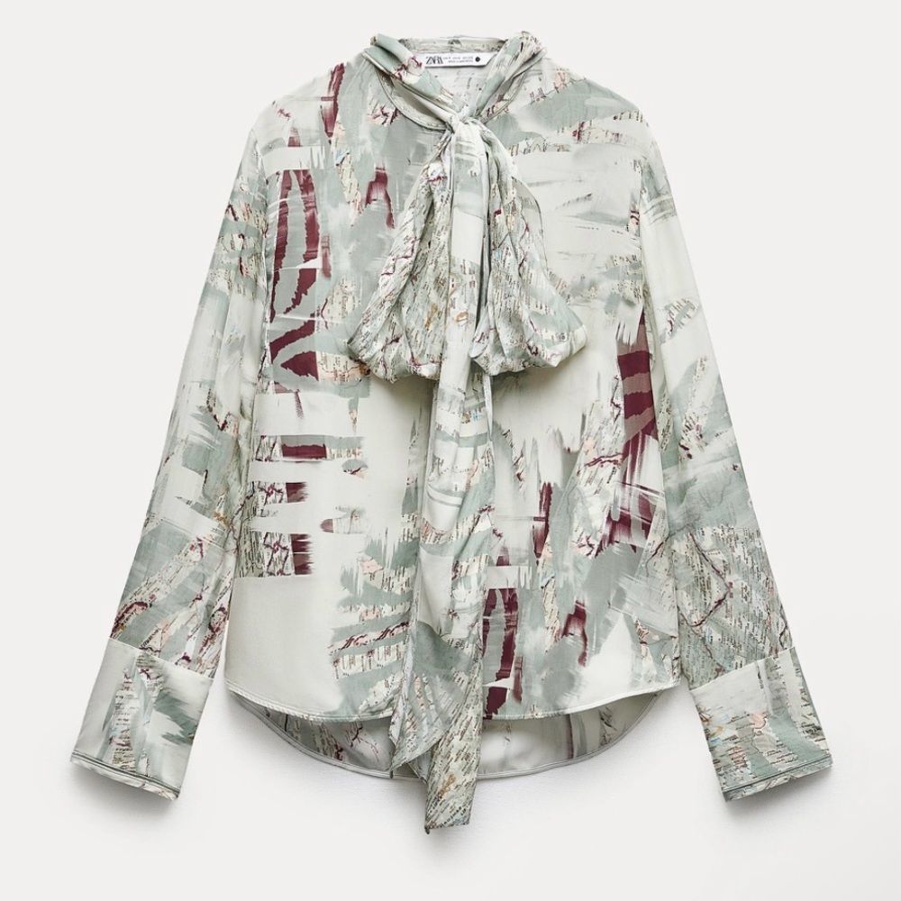 NWT Zara Zw Collection Silky Printed Bow Tie Neck Blouse Green Burgundy Size S